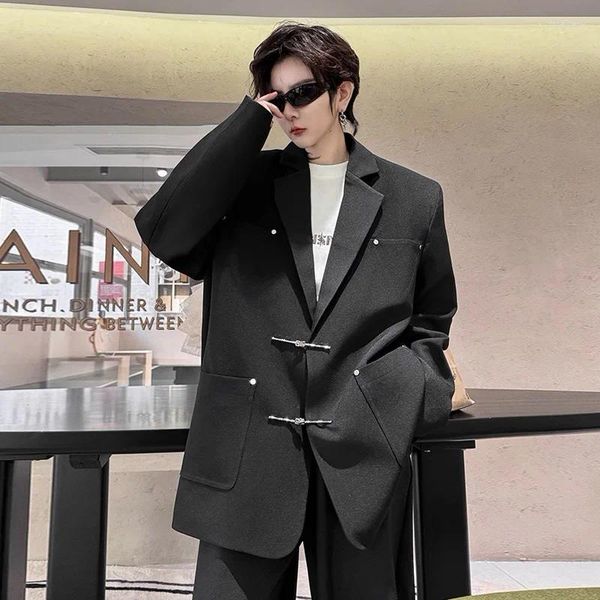 Ternos masculinos botão de metal streetwear moda solta casual vintage terno jaqueta blazers homem japão coreano casaco roupas trajes