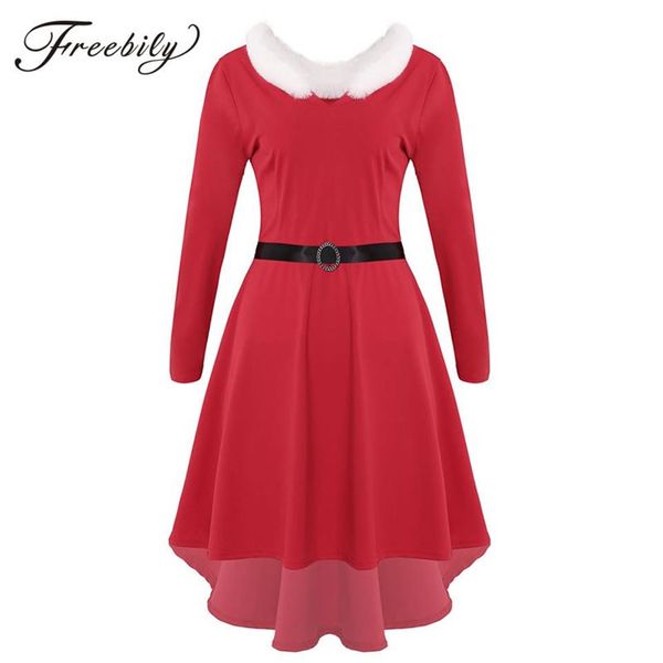 Feminino natal branco falso pele guarnições mangas compridas bainha alta-baixa vestido midi vermelho com cinto sra papai noel festa de natal costume271x