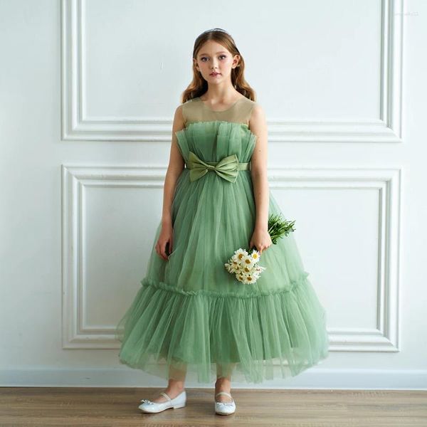 Vestidos de menina flor verde tule bolo saia com laço grande sem mangas para casamento aniversário banquete primeira comunhão vestidos