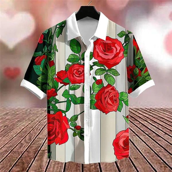 Мужские повседневные рубашки с узором розы, уличная рубашка на день Святого Валентина, повседневные летние летние рубашки с лацканами с коротким рукавом, модный дизайн на пуговицах