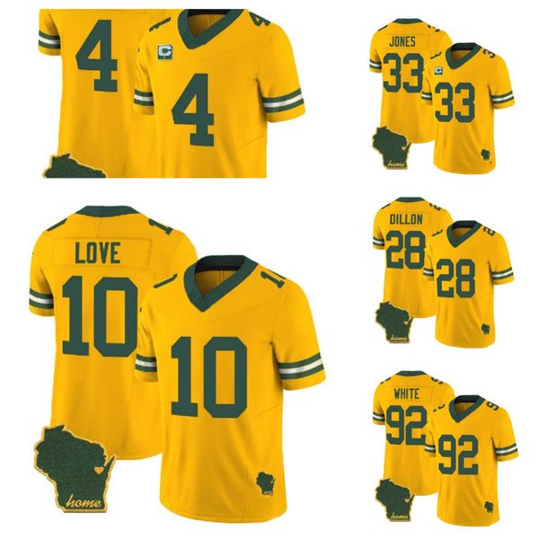 Masculino Green''Bay''Packers''A.J.Dillon Aaron Jones Brett Favre Ouro 2023 F.U.S.E.Home Patch Vapor Untouchable Limited Stitched Jersey