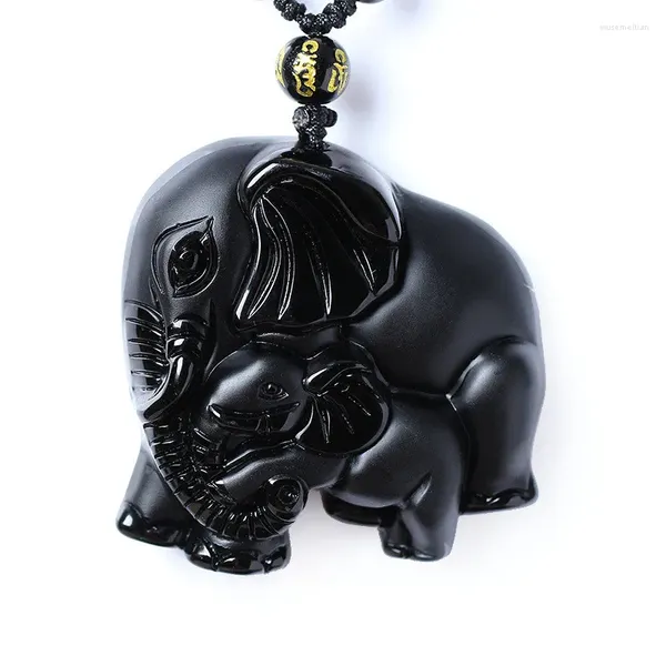 Colares Pingente Chinês Handwork Natural Preto Obsidian Esculpido Mãe Bebê Bonito Elefante Amuleto Sorte Colar Moda Jóias Cura