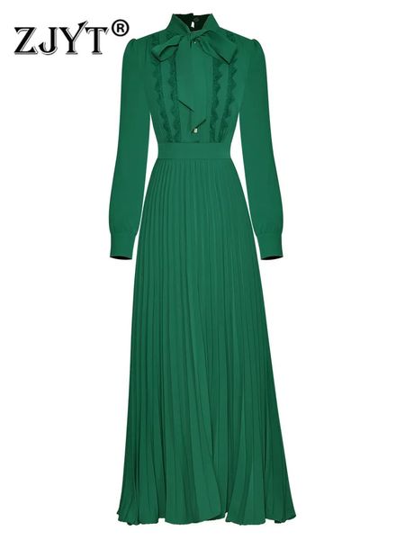 Zjyt pista moda manga longa maxi vestidos para mulheres gola arco verde plissado vestidos de férias elegante festa robe femmes 240126