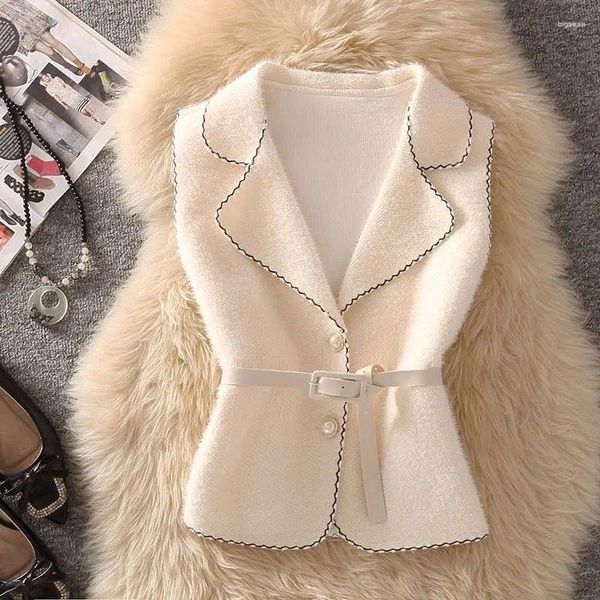 Gilet da donna elegante maglione a collo alto mezzo gilet senza maniche vita lavorata a maglia femminile coreano ufficio donna cintura nera abbigliamento