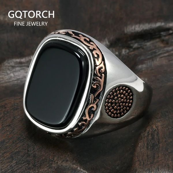 Настоящие мужские кольца из серебра s925, ретро-винтажные турецкие кольца для мужчин с натуральными черными камнями оникса, турецкие ювелирные изделия 240125