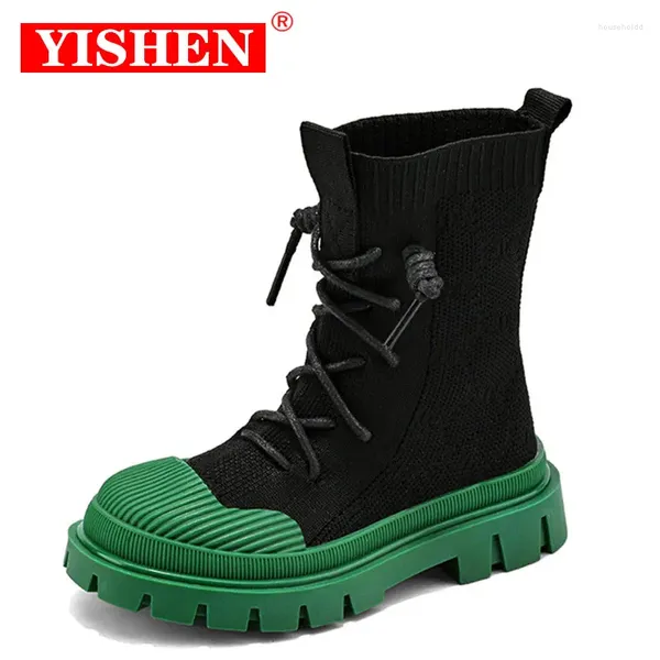 Botas Yishen Meninas Meias Sapatos Lace Up Crianças Respirável Elástico Voando Tricô Moda Chunky para Crianças