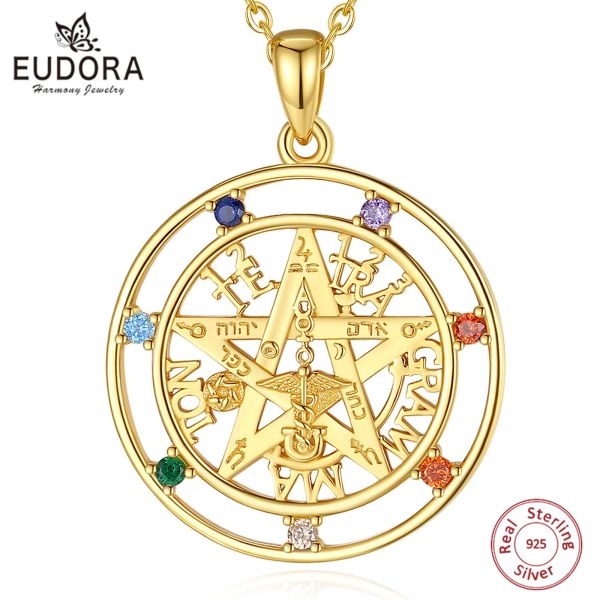 Tartışmalar Eudora 925 STERLING Gümüş Pentagram Kolye Kadınlar Erkek 18k Altın Musleti 7 Renk Çakra Tetragrammaton Kolye Güzel Takı