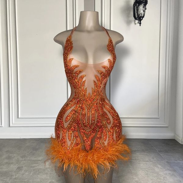 Durchsichtige sexy Frauen-Geburtstagsparty-Kleider, Neckholder, glitzernde Kristalle, afrikanische schwarze Mädchen, orange Mini-Kurzballkleider 24030