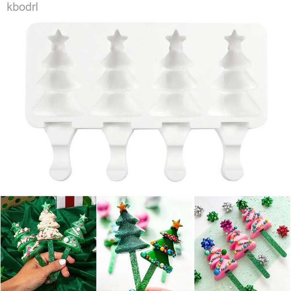 Ferramentas de sorvete 4 células árvore de natal picolé molde diy forma molde de chocolate vara de madeira bolo decoração acessórios de cozinha yq240130