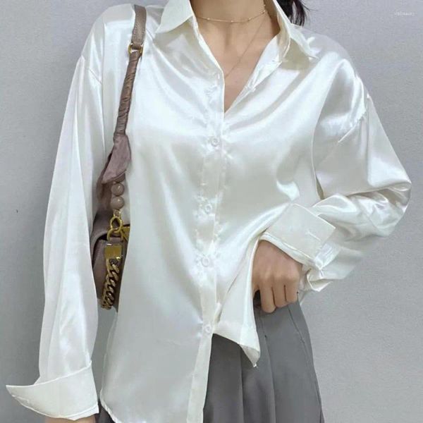 Женские блузки с лацканами, однобортная однобортная женская рубашка, элегантная атласная блузка с драпировкой и длинными рукавами, офисная женская верхняя рабочая одежда