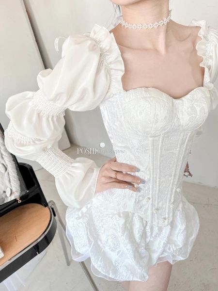 Vestidos casuais roupas femininas branco princesa vestido 2024 primavera verão doce vento cintura emagrecimento x-line puff manga bodycon floral impresso