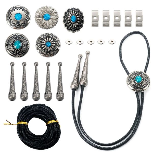 Kits Blumen-Bolo-Krawatte, geflochtene Rindslederschnüre, türkisfarbene Steinknöpfe, antike Silberfarbe, Vintage-Schmuck, DIY-Herstellungszubehör-Set