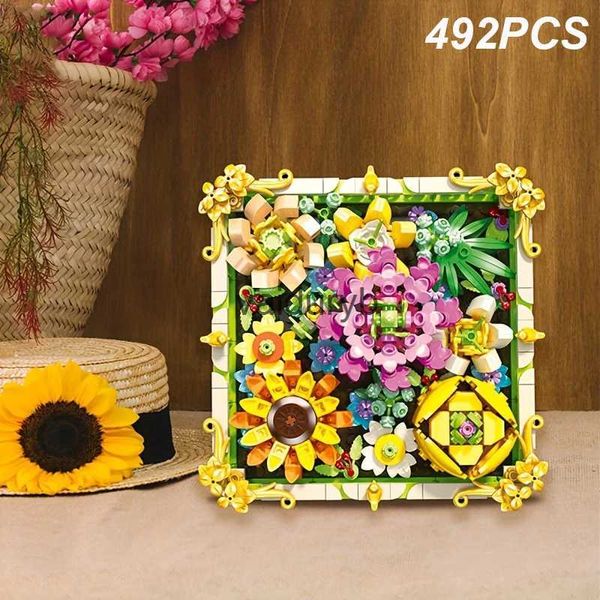 Blöcke 492PCS konservierte Blumen-Fotorahmen-Gebäude-Sonnenblumen-Rosen-Pflanzen-Blumenstrauß-Montagemodell-Ziegelsteine ldren's Christmas Giftvaiduryb