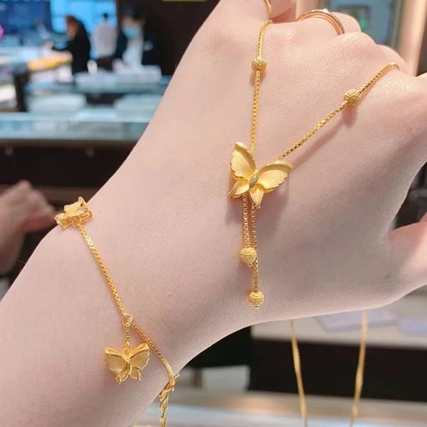 Moda real 24k puro ouro cor borboleta pingente colar pulseira para mulheres noiva 45cm correntes pulseiras conjunto de jóias finas presente 240125