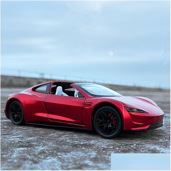 Modello Diecast auto Diecast Model Car 1 24 Tesla Roadster Lega Sports Sports Vehicles Metal Toy Simation Sound and Light Collection Dh8ve