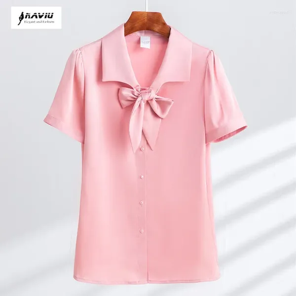 Blusas femininas naviu cetim feminino verão chegam arco solto exterior usar camisa de manga curta rosa branco