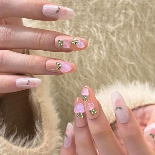 Накладные ногти 24 шт., розовые персиковые накладные с 3D-нашивкой для ногтей со стразами для женщин, носимые искусственные ногти