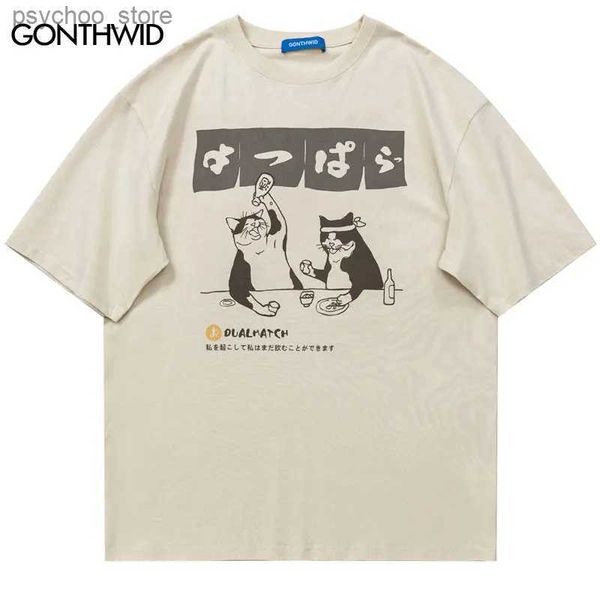 T-shirt da uomo Harajuku Maglietta da uomo Gatto giapponese Stampa grafica T-shirt 2023 Moda estiva Hip Hop Casual Cotone T-shirt allentate Top Coppia Q240130
