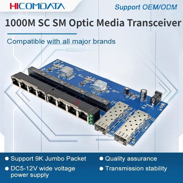 Apparecchiature in fibra ottica 1.25G 2 8 RJ45 SC 1000M Media Converter Gigabit Ethernet SFP SM DC 12V 20Km Ricetrasmettitore ottico Fibra Switch PCBA