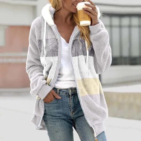 Kadın Ceketleri Sıradan Peluş Sweatshirt Ceket Fermuarları Sonbahar ve Kış Bloklu Renk Polar Hardigan Katlar Kadın Plus Boyut