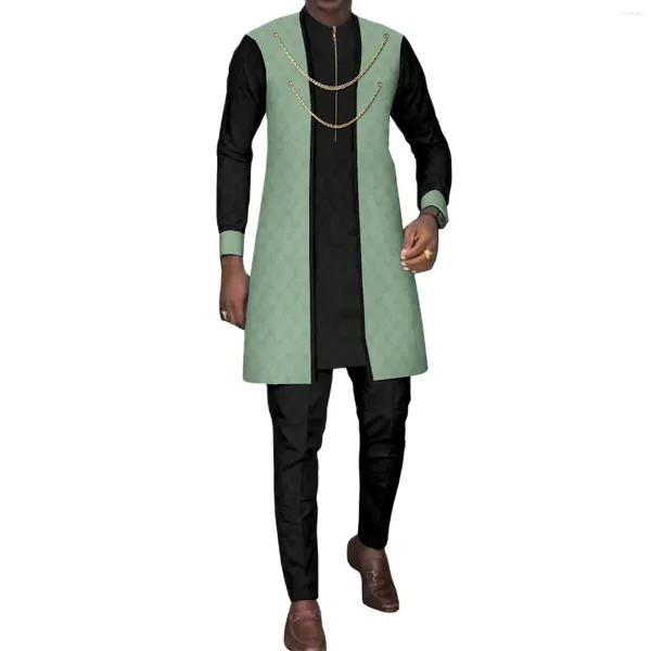 Abbigliamento etnico africano per uomo Giacca con zip a due catene Camicie Pantaloni Set da 3 pezzi Abiti Dashiki Festa Matrimonio Moda Bazin Riche