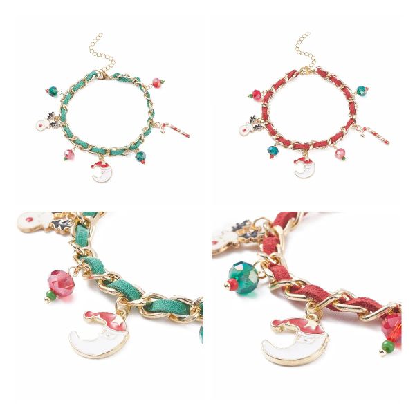 Braccialetti Kissitty 10 pezzi Braccialetti natalizi con bastoncini di zucchero, renne e luna, in lega di perle di vetro, con catenelle in alluminio per regalo da donna