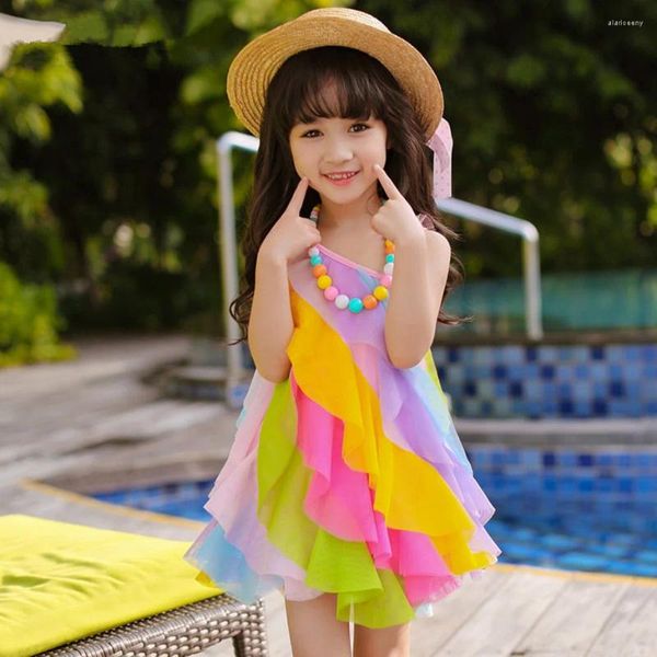 Mädchen Kleider Mädchen Sommer Regenbogen Streifen Kinder Kleid Formale Prinzessin Weste 3-11 Jahre Eleganz Chiffon Prom Kinder