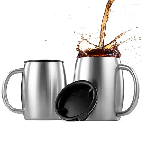 Tassen 420 ml Reise Edelstahl Bierkrug Doppelwand Tragbare Kaffeetasse Mit Griffdeckel Hause Thermal Tee Wasser Tassen Trinkgeschirr