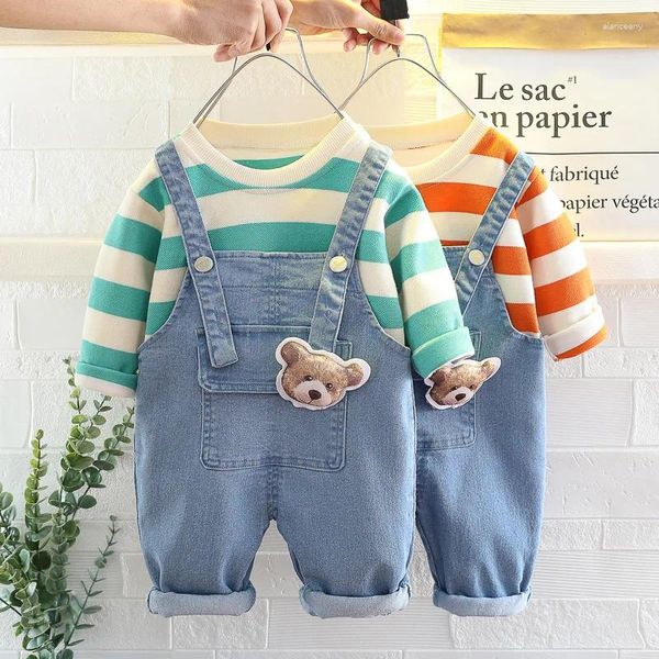 Set di abbigliamento Primavera Autunno Bambini Ragazzo 2 pezzi Set Felpe in cotone a righe Salopette in denim Vestiti per bambina Tuta per bambini