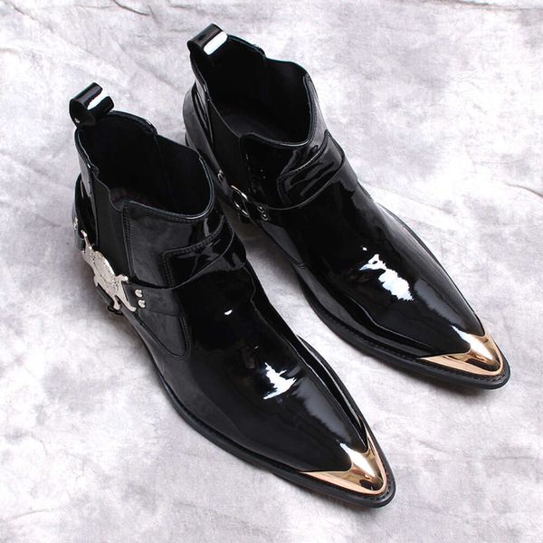 Punk Style Genuine Leather Ankle Iron Black Slip on Dress Italian Formal Fashion Men Boots Pointy