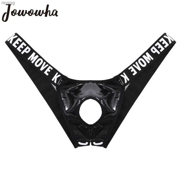 Altre mutandine da uomo sexy in pelle verniciata lingerie scava fuori custodia rigonfia latex sospensorio t-back lettera stampa cinturino perizoma intimo YQ240130