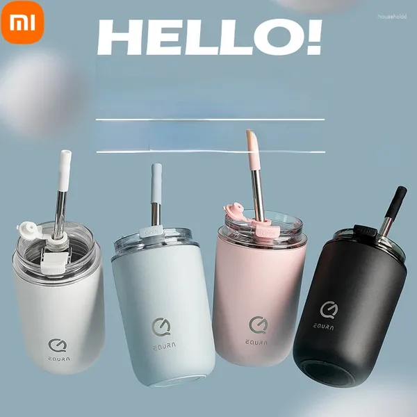 Wasserflaschen Xiaomi Kleine Kaffeetassen Flasche Edelstahlbecher mit Deckel und Strohhalmen Einfache begleitende Tasse Saft Tee Reise