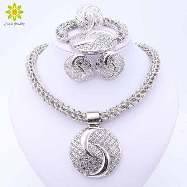 Colares 2024 Luxo Luxo Big Dubai Silver Plated Crystal Colar Jewelry Conjunto de jóias de moda de casamento nigeriano Africano Jóias de fantasia