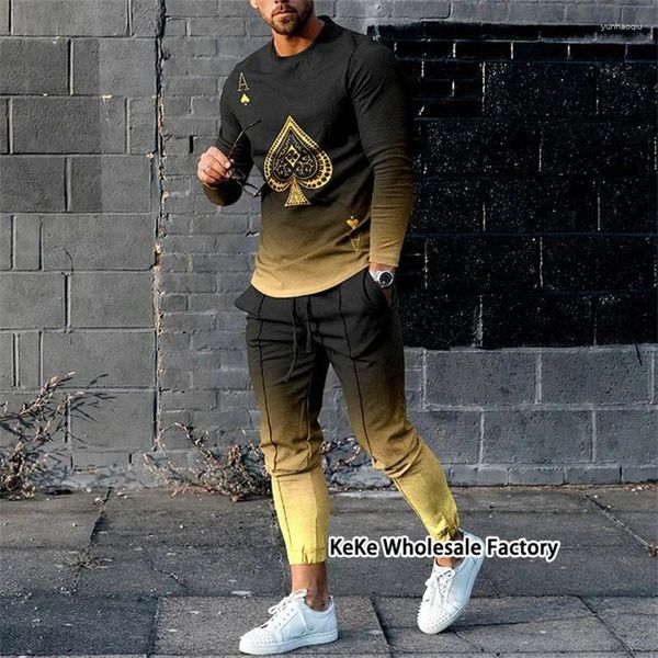 Trass de pista masculino Fashion Fashion Poker 3D Impressão de manga longa T-shirt Troushers Definir 2 PCs Male Jogger Suit STREETHEATH Roupos de roupas