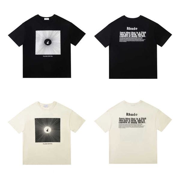 Rhude mass camisetas de alta qualidade Marca Rhude Personagem Falling abstrato High Street Moda linda Camiseta solta de manga curta para casais homens e mulheres 24