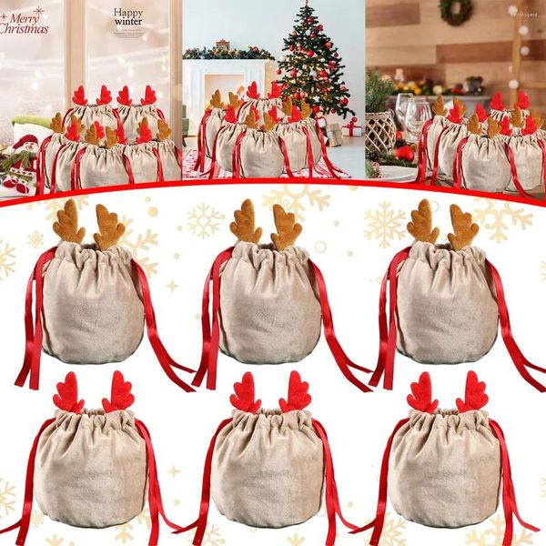 Decorações de Natal 5/10 Rena Cordão Presente Bolsa Veludo Reutilizável Decoração de Festa de Doces de Papai Noel