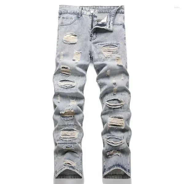 Мужские джинсы 2024 года, потертые для внешней торговли, модные, приталенные, с эластичной трендовой нашивкой