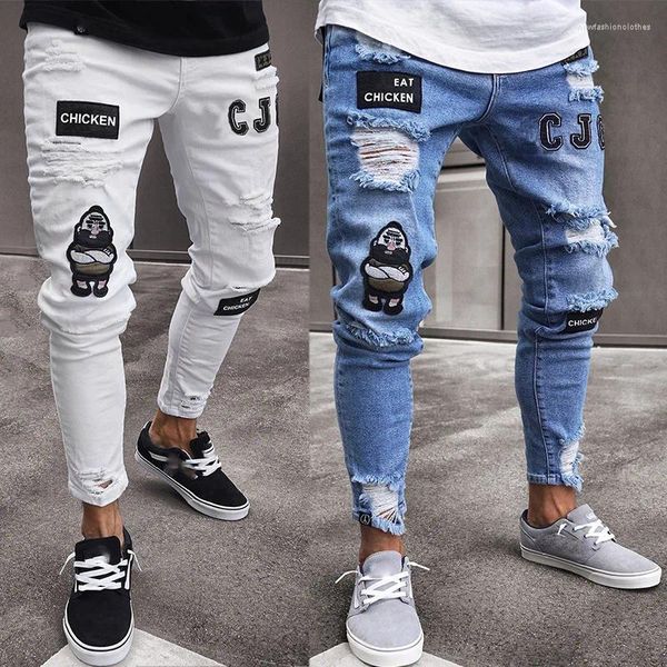 Мужские джинсы, мужские стильные узкие брюки-карандаш с рваными значками, мужские тонкие однотонные байкерские джинсовые брюки Destroed High Street
