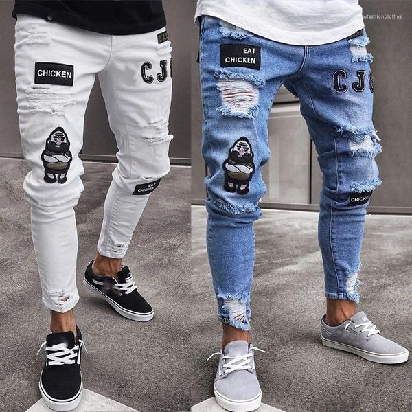 Calças de brim masculinas homens elegante rasgado crachá skinny lápis calças masculinas destruídas high street slim sólido biker denim calças