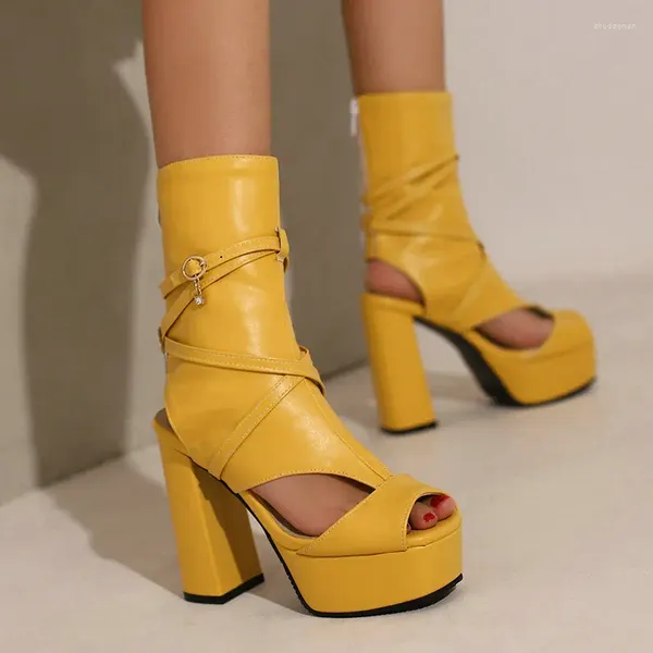Sandalen Sehr große Größe 48 49 50 Gelb Weiß Block Hochhackige Damen Sommerstiefel Peep Toe Plattform Gladiator Cross-Riemen-Schuhe