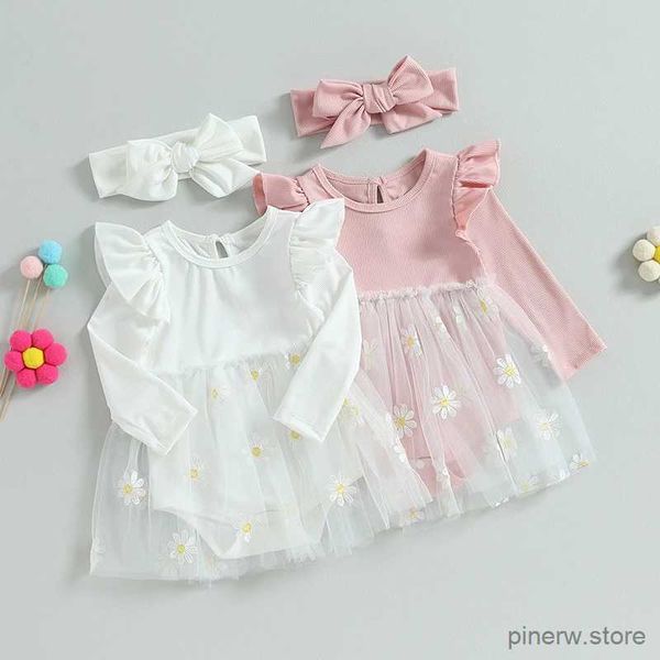 Vestidos da menina da criança recém-nascido bebê meninas outono romper vestido manga longa plissado bordado floral malha roupas de princesa com faixa de cabeça