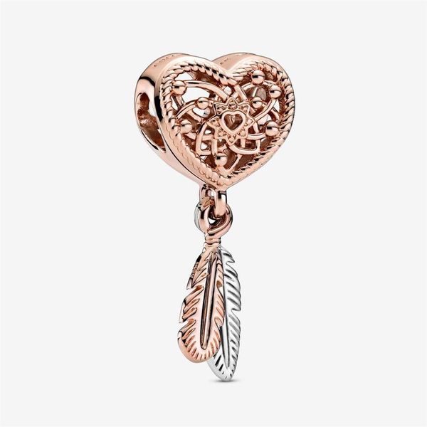 100% argento sterling 925 traforato cuore due piume Dreamcatcher fascino adatto braccialetto europeo originale gioielli di moda Acc285o