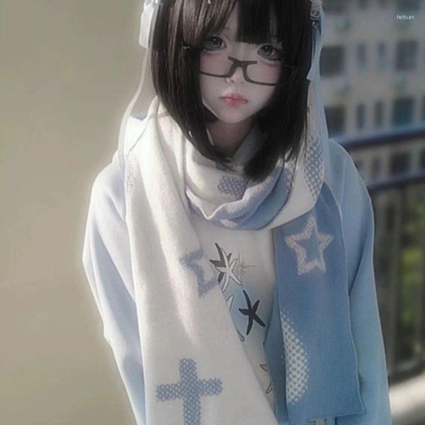 Шарфы Y2k Эстетический шарф с принтом звезд для девочек Harajuku Двусторонний теплый универсальный шейный платок 2024 Японская модная уличная одежда