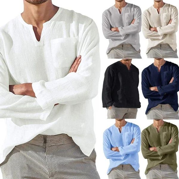 Camisas casuais masculinas 2024 primavera e outono moda cor sólida tops camisa de manga comprida com decote em v busto design roupas para homem