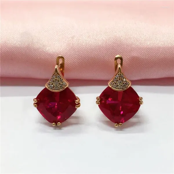 Orecchini pendenti in puro oro viola russo 585 da donna con fibbia quadrata in pietra rossa placcata con colore 18K, moda versatile squisita