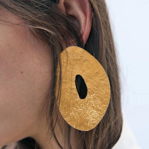 Серьги-гвоздики 2024 ZA, плоские текстурированные металлические круги для женщин, винтажные панк-золотые посеребренные круглые ювелирные изделия, оптовая продажа