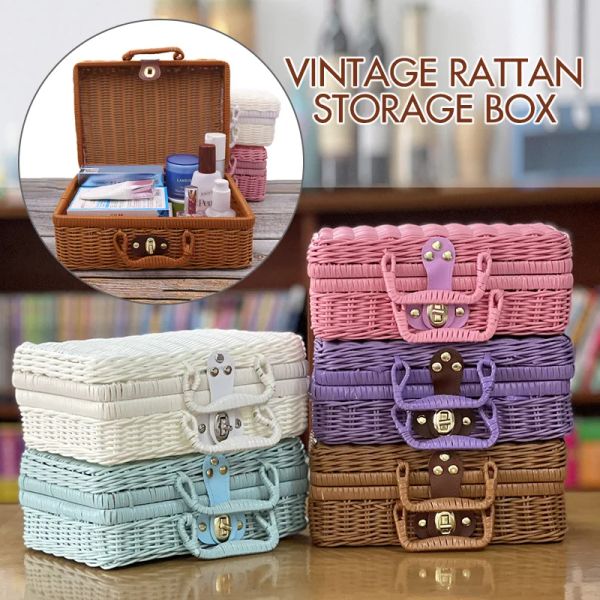 Körbe Retro Blue/White Rattan Koffer tragbarer gewebter Geschenkbox Kosmetischer Aufbewahrungsbox Wicker Rattan Picknick Waschkörbe Home Storage