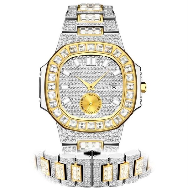 Наручные часы в стиле хип-хоп, золотые часы, мужские блестящие мужские часы с бриллиантами, мужские модные кварцевые наручные часы, водонепроницаемые, со льдом, серебро Steel2859