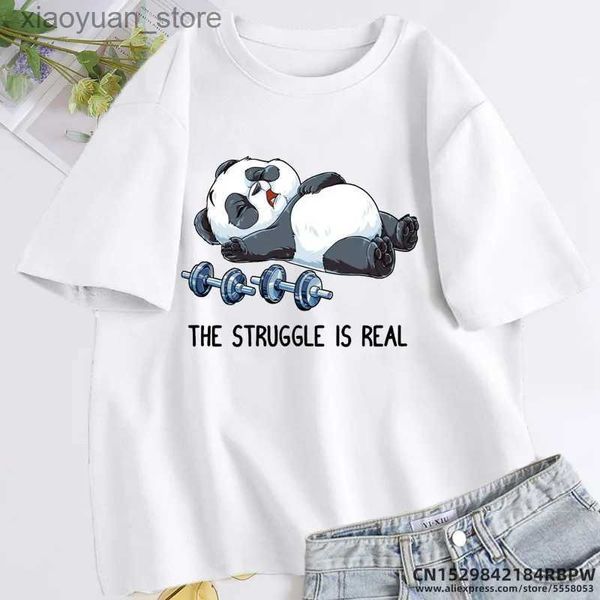 Damen T-Shirt The Struggle Is Real Fitness Panda T-Shirt Lustige Cartoon-T-Shirts Sommer Kurzarm Grafik-T-Shirts Streetwear Damen Tops 240130