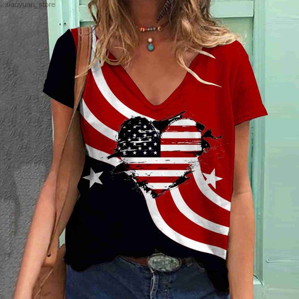 T-shirt das mulheres Moda Womens Camiseta EUA Bandeira Impressão Harajuku T-shirt Verão 2023 Top Kawaii Tees V Pescoço Pluse Tamanho American Lady Y2K Roupas 240130